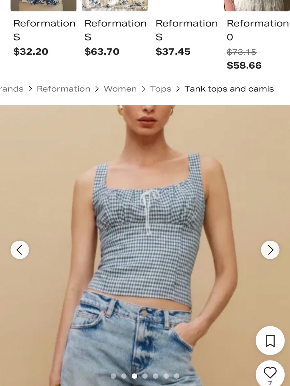 Reformation Navy and White Gingham Tie-Front Camisole